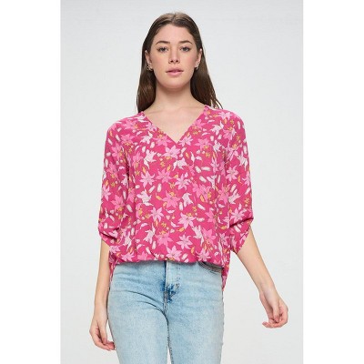 WEST K Women's Alexa Surplice V Neck Three Quarter Roll Tab Sleeve Stripe Blouse