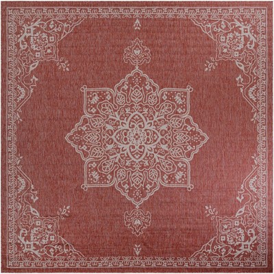 Rust Red and Ivory 12' Square Outdoor Medallion Area Rug