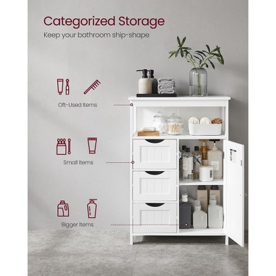 White MDF Bathroom Storage Cabinet with Adjustable Shelf and Drawers