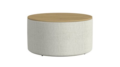 Modern Cream Woven Storage Ottoman with Dark Walnut Wood Top 31"
