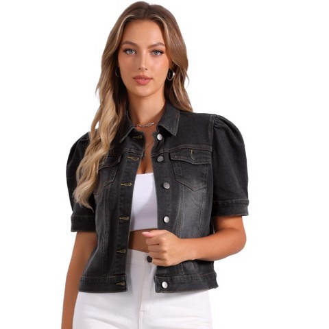 Женская куртка INSPIRE CHIC Casual Short Puff Sleeves Button Down Jean Denim Jacket Large Black, цвет: Джинсовый