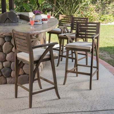 Hermosa Gray Acacia Wood Outdoor Barstools with Cream Cushions, Set of 4