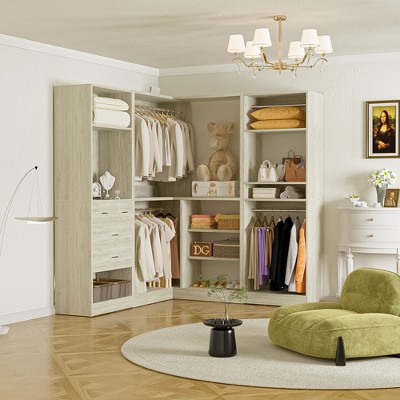 Aheaplus Wood Closet System, Freestanding Closet Organizer with Drawers and Mirror