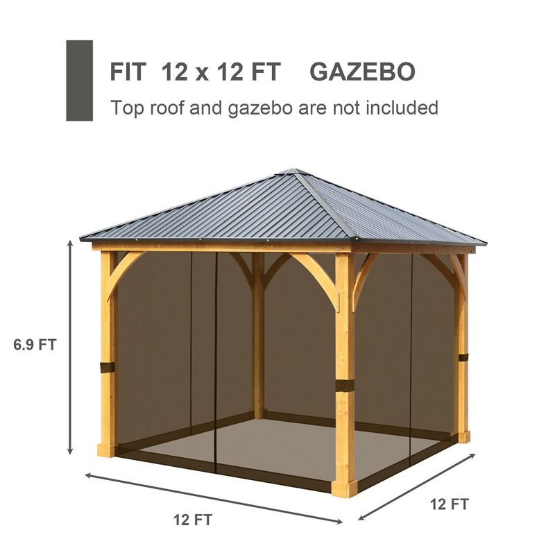 Aoodor 12 x 12 ft. Gazebo Replacement Mosquito Netting Screen 4-Panel Sidewalls with Double Zipper (Only Netting), 4 of 8