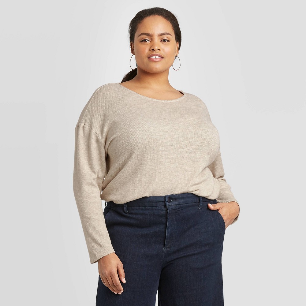 Women's Plus Size Long Sleeve Round Neck Henley Shirt - A New Day Light Brown 1X, Women's, Size: 1XL was $19.99 now $10.99 (45.0% off)