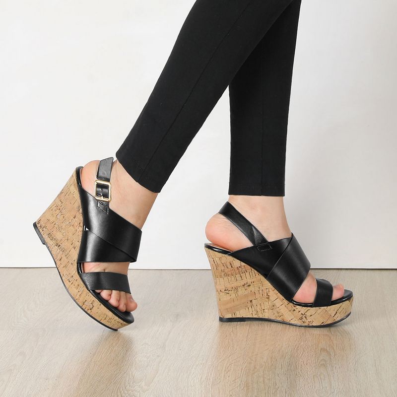 Allegra K Women's Slingback Buckle Ankle Strap Wood Platform Wedge Sandals, 2 of 8