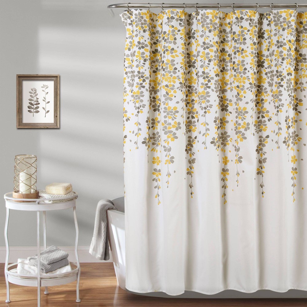 Lush Décor Weeping Flower Shower Curtain Yellow/Gray : Microfiber, Machine Washable, Non-Slip Backing