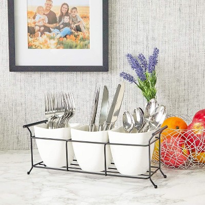 Farmlyn Creek White Ceramic Utensil Holder, Flatware Cutlery Caddy with Metal Stand 13"x4"x5"