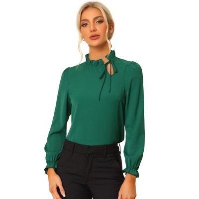 INSPIRE CHIC Women's Elegant Long Sleeve Ruffle Tie Neck Business Work Top