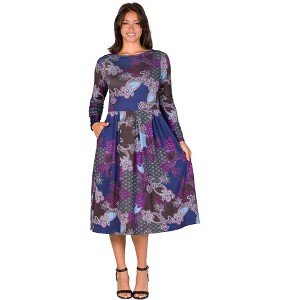 24seven Comfort Apparel Purple Paisley Midi Length Long Sleeve Pocket Dress - 1 of 4