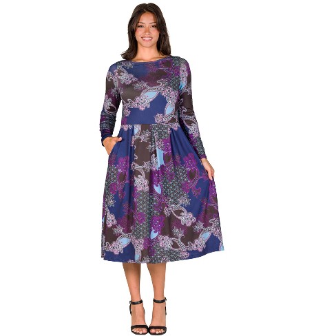 24seven Comfort Apparel Purple Paisley Midi Length Long Sleeve Pocket Dress - image 1 of 4