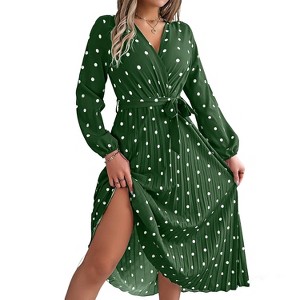 Women's Dot Printed Casual Dress V Neck Long Sleeve Tie Waist Pleated Midi Dress - 1 of 4