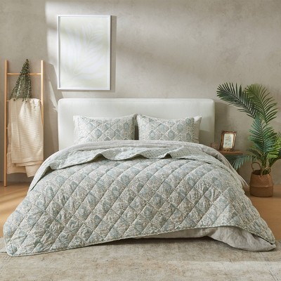 Blue Taupe Floral Reversible Twin Quilt Set with Shams