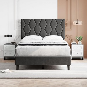 Grey/Beige/Pink Upholstered Platform Bed Frame with Height-Adjustable Fabric Headboard, Heavy-Duty Wood Slat Support, No Box Spring Needed - 1 of 4