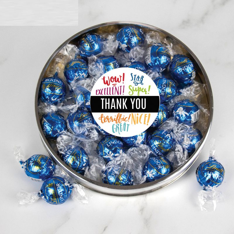 Thank You Candy Gift Tin with Dark Chocolate Lindor Truffles by Lindt Large Plastic Tin with Sticker - By Just Candy, 1 of 3