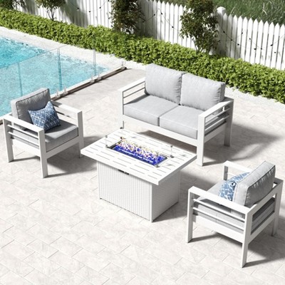 LayinSun Aluminum Furniture Set with Fire Pit Table, 4 Pieces Patio Sectional Conversation Chat Sofa Modern Seating Set