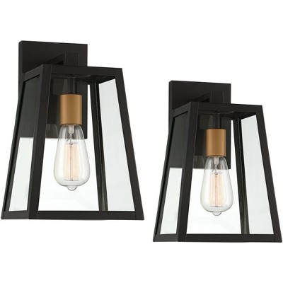 John Timberland Modern Outdoor Wall Light Fixtures Set of 2 Mystic Black Gold 13" Clear Glass Panels Exterior House Porch Patio