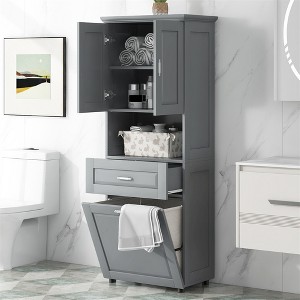 Cabinet with Laundry Hamper Basket, Bathroom Storage Organizer Space Saver with Two Doors&One Drawer&Open Shelf - 1 of 4