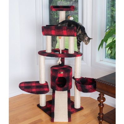 58'' Red and Black Plaid Sisal Cat Tree with Condo and Ramp