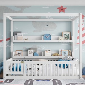 Hrinhom Full Size Floor Canopy Bed with Guardrails and 2 Shelves - 1 of 4