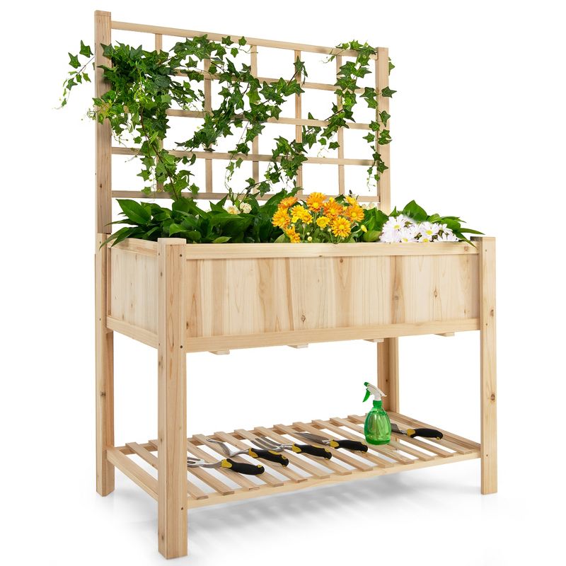 Costway Raised Garden Bed Elevated Wooden Planter Box with Trellis & Open Storage Shelf, 1 of 11