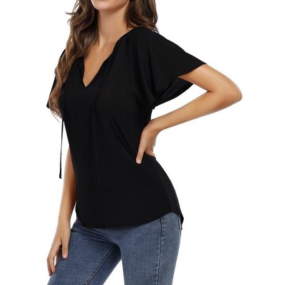 Womens Shirts Front Tie V Neck Tops Summer Short Ruffled Sleeve Drawstring Casual T-Shirts Blouses