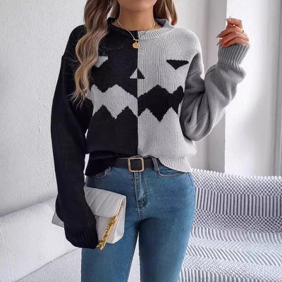 Clearlove Halloween  Pumpkin Colorblock Long Sleeve Pullover Sweater