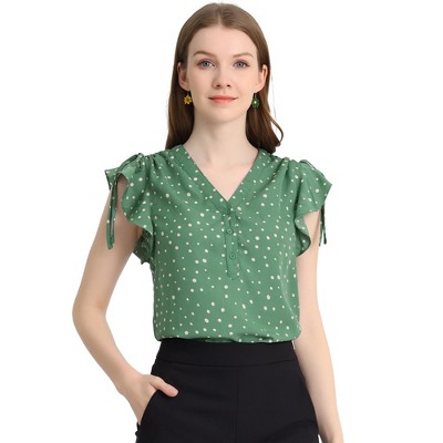 Allegra K Women's Chiffon Ruffle Flutter Sleeves Half Placket V Neck Dot Print Blouse