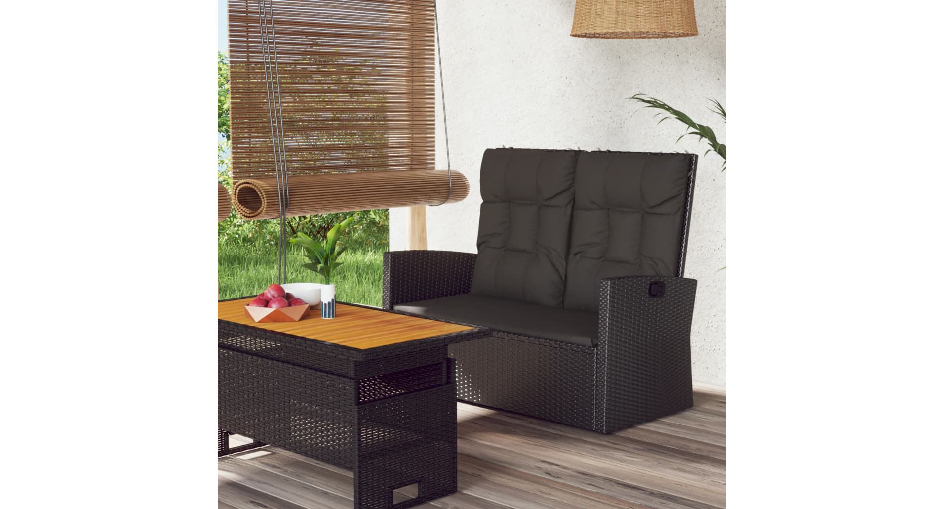 Aghana Digitals 2-Seater Black PE Rattan Rectangular Garden Bench with Adjustable Backrest & Black 24.4 x 46.5 x 37.4 in