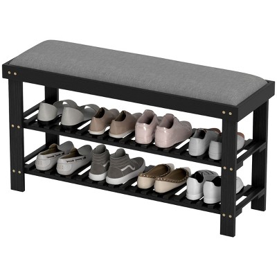 SEVOBAL 3-Tier Shoe Rack for Entryway Bamboo Shoe Bench with Cushion Padded Seat for Indoor Entrance Hallway Bedroom, Black, 26.87"*15.75"*21.26"