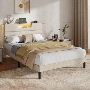 Full Bed Frame with LED Lights Headboard with Charging Station Upholstered Platform Bedframe Metal Support No Box Spring Needed 2-Tier Storage Beige - 1 of 4
