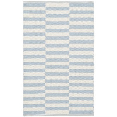 Ivory and Light Blue Striped Cotton Flat Woven Rug