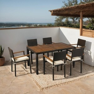 7 piece Outdoor Patio Wicker Dining Set Patio Wicker Furniture Dining Set w/Acacia Wood Top Brown Wicker + Cream Cushion - 1 of 4