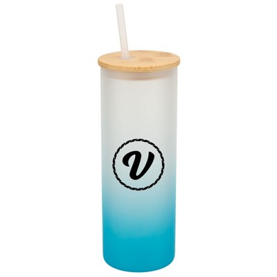Elanze Designs V Monogram Letter Initial Rope Circle Wrap-Around Design 25 Ounce Frosted Gradient Glass On-The-Go Coffee Travel Skinny Tumbler Mug