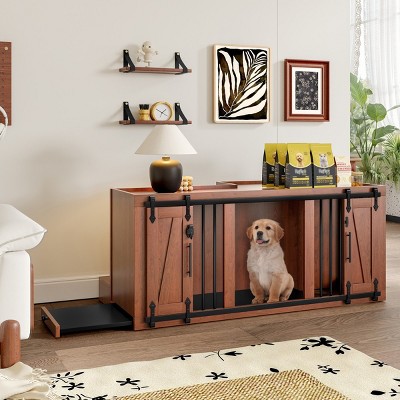 2-in-1 Wooden Dog Crate and End-of-Bed Bench Ottoman with Cushion, Furniture-Style Indoor Kennel for Bedroom or Living Room-The Pop Home