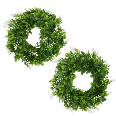 Farmlyn Creek 2 Pack Artificial Boxwood Wreath for Front Door, Farmhouse Décor, 12 in