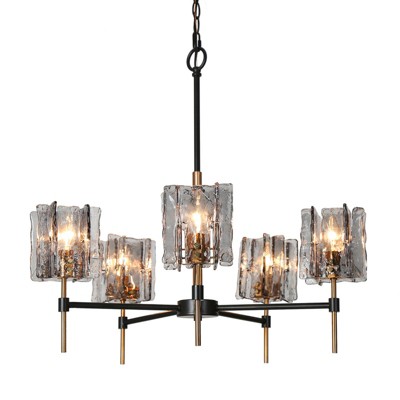 LNC Echonalyri 5-Light 26" Modern Candestick Chandelier,Matte Black and Polished Gold with Smoked Grey Textured glass