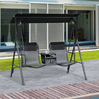 PAGED Porch Swing with Stand Outdoor Swing with Canopy, Pivot Storage Table, 2 Cup Holders, Cushions for Backyard, Porch, Garden