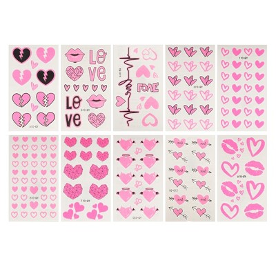 Unique Bargains Luminous Heart Pattern Fake Tattoos Fluorescent Pink 10 Pcs