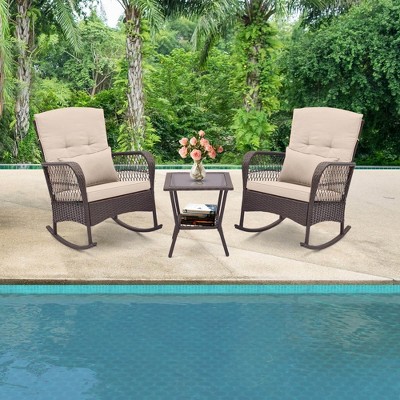 Costway Patio 3PCS Rocking Wicker Bistro Set 2 Rocker Chairs Tempered Glass Side Table