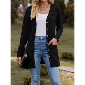 Women's Sweater Cardigan Ribbed Knit Long Sleeve Cardigan Solid Color Open Front Sweater - 1 of 4