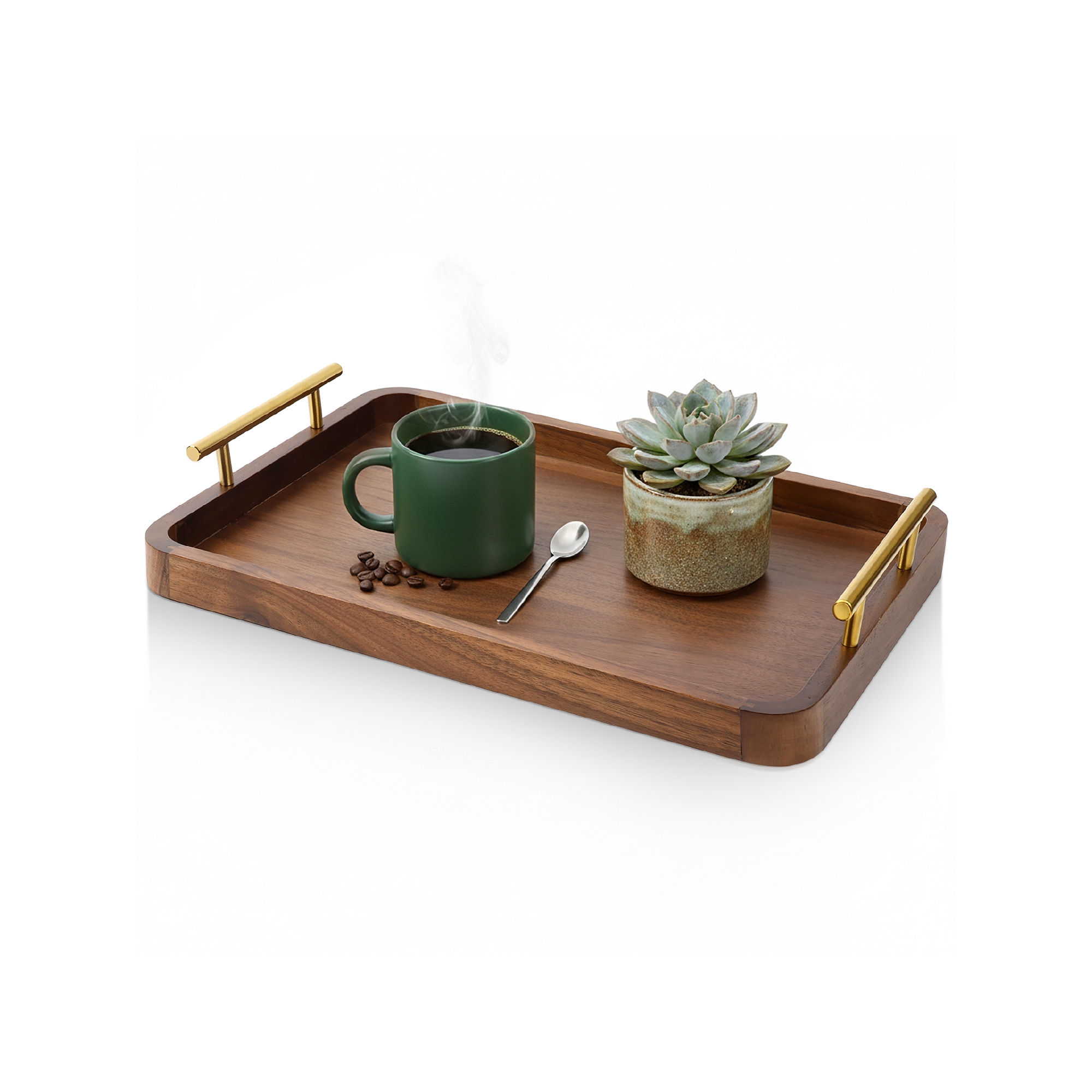 Garnen Walnut Wood Serving Tray with Handles, Rectangular Wooden Tray for Ottoman, Coffee Table, Breakfast in Bed & Patio, Wooden Serving Trays, Brown