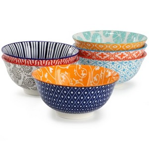 Elama Moxy 6 Piece Assorted Design 20oz Porcelain Footed Bowl Set in Blue - 1 of 4