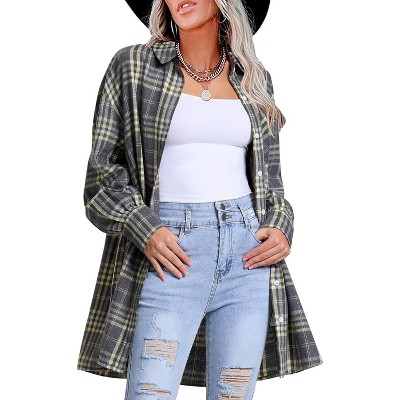 EXLURA Womens Plaid Flannel Shacket Long Sleeve Button Down Shirts Long Jackets Oversized Fall Fashion Outfits