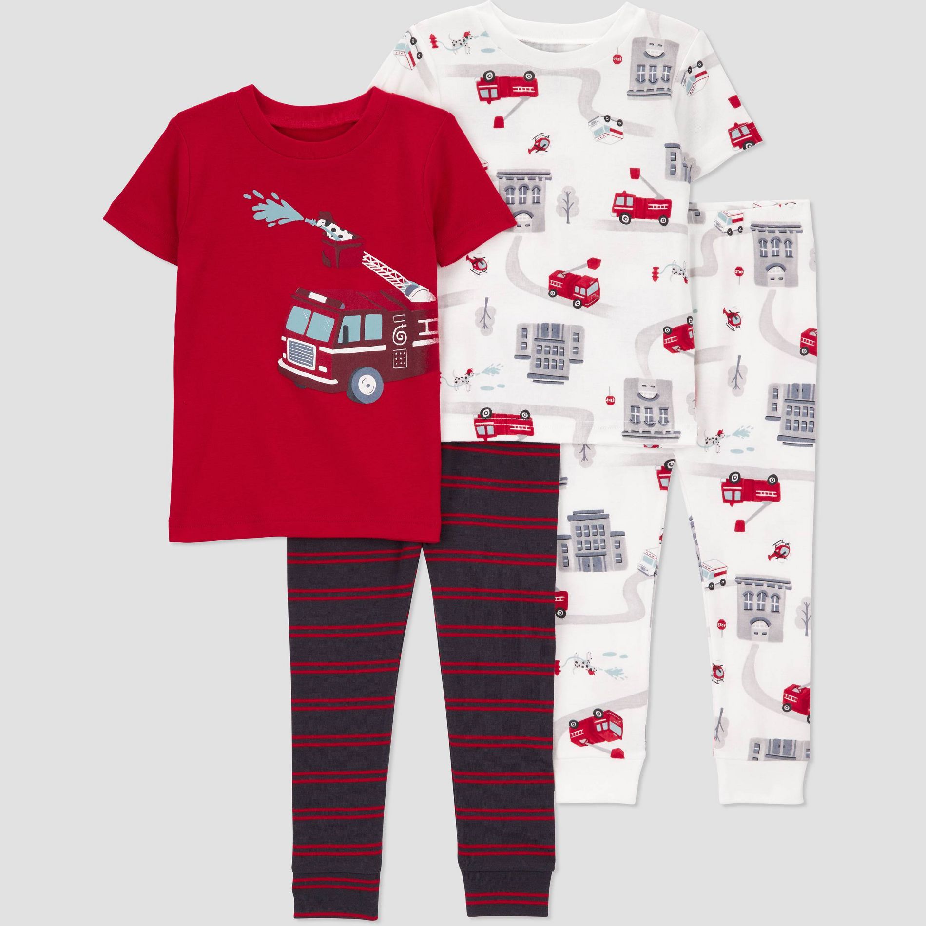 Carter's Just One You® Toddler Boys' 4pc Cotton Short Sleeve Fire Truck Pajama Set - Red/White/Black 5T