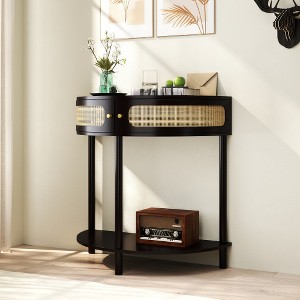 ACEPANO 31.5 in. W Crescent-Shaped Side Table with Sliding Rattan Doors, 2 Rattan Storage Cabinets & Bottom Shelf for Living Room &Bedroom-Black - 1 of 4