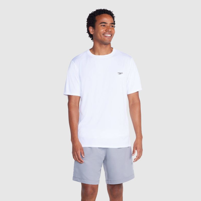 Speedo Men's Short Sleeve Rash Guard Swim Shirt - White S: UPF 50+ Woven Pullover, Small