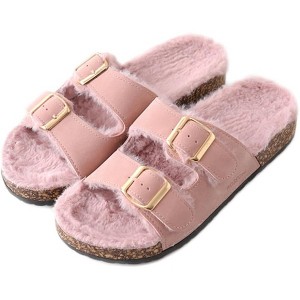Roxoni Women's Feather-Embellished Open-Toe Slippers , Adjustable Double Buckle Cozy Cork Slide Sandals - 1 of 4