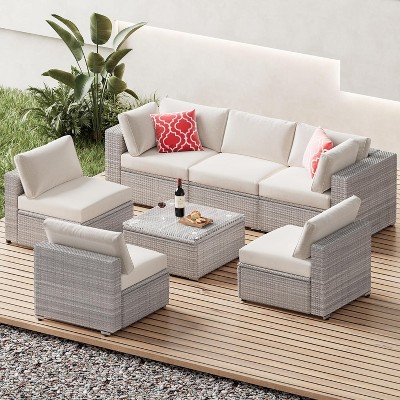 ELJGET 7 Piece Patio Furniture Set Outdoor Wicker Conversation Sets All Weather PE Rattan Sectional Sofa Set with Cushions & Coffee Table