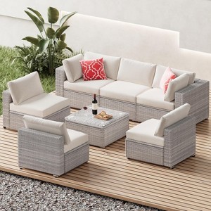 ELJGET 7 Piece Patio Furniture Set Outdoor Wicker Conversation Sets All Weather PE Rattan Sectional Sofa Set with Cushions & Coffee Table - 1 of 4